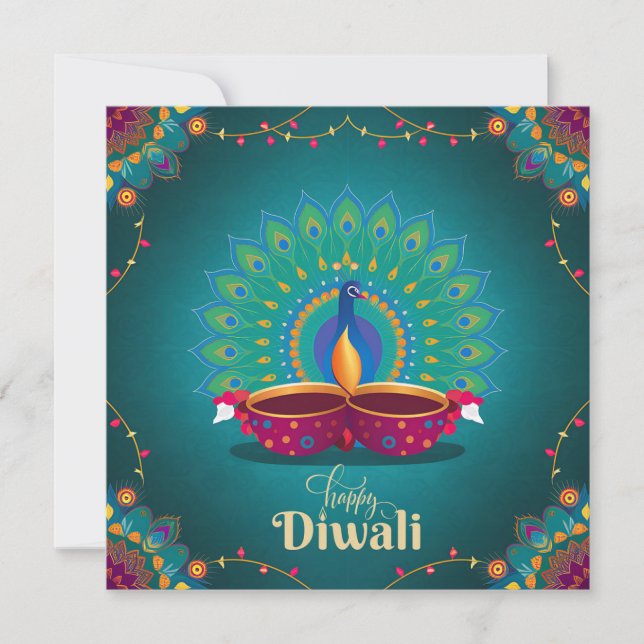 Happy Diwali Peacock Diya Festival of Light Blue Holiday Card (Front)