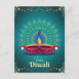Happy Diwali Peacock Diya Festival of Light Blue Holiday Postcard