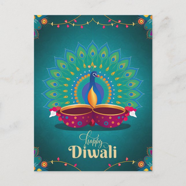 Happy Diwali Peacock Diya Festival of Light Blue Holiday Postcard (Front)