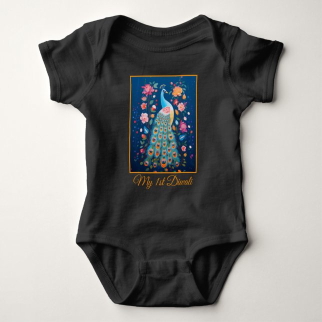 Happy Diwali Peacock & Flowers Baby Bodysuit (Front)
