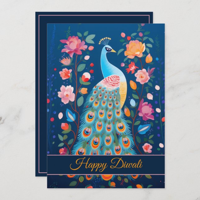 Happy Diwali Peacock & Flowers Holiday Card (Front/Back)
