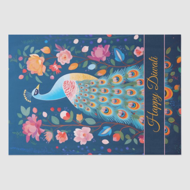 Happy Diwali Peacock & Flowers Tissue Paper (Front)