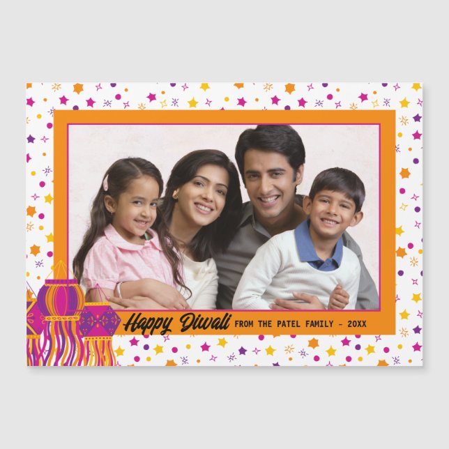 Happy Diwali Photo Colorful Lantern Magnetic Card (Front)