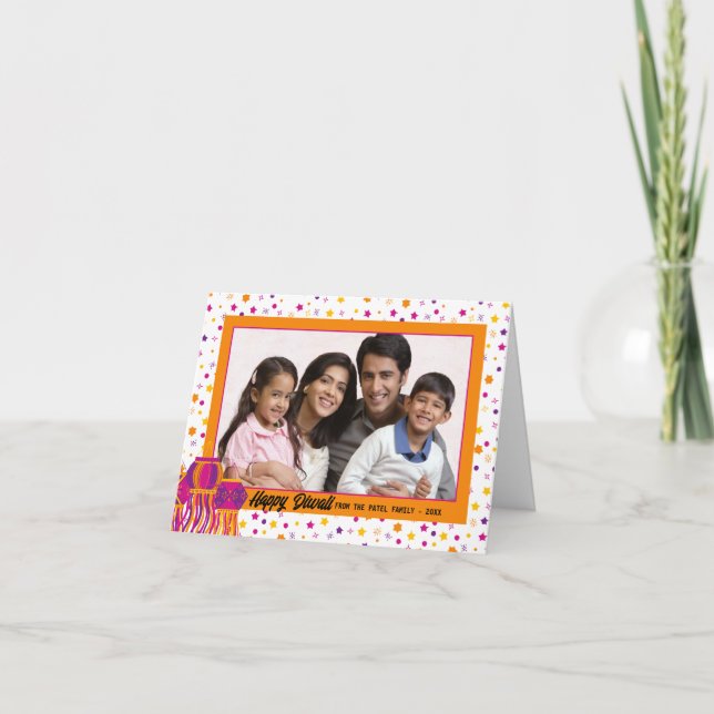 Happy Diwali Photo Colorful Pink Purple Lantern Card (Front)