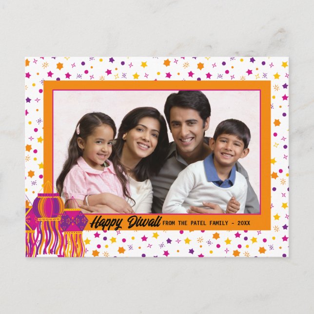 Happy Diwali Photo Colorful Pink Purple Lantern  Holiday Postcard (Front)