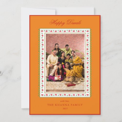Happy Diwali Photo Mustard  Red floral  Greeting Holiday Card