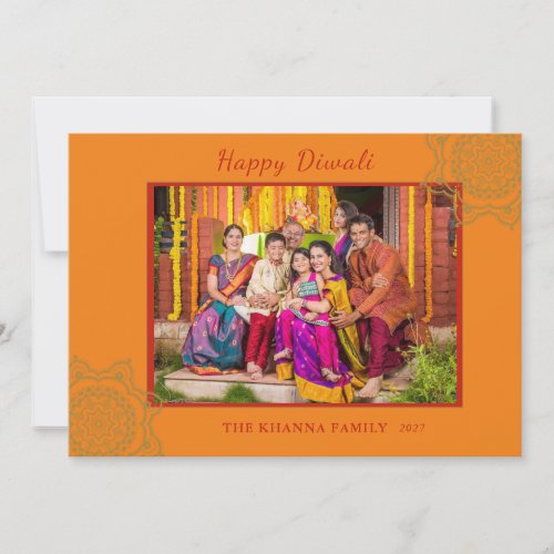 Happy Diwali Photo Orange Gold Mandala Greeting Holiday Card