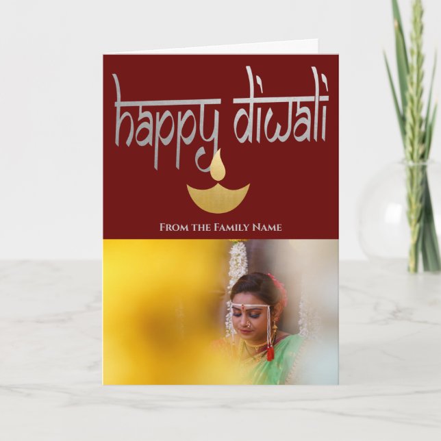 Happy Diwali Photo Personalized Purple Gold Silver Card (Front)