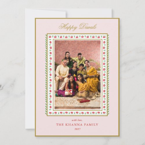 Happy Diwali Photo Pink Red floral  Greeting Holiday Card