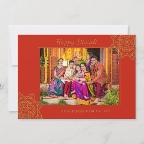 Happy Diwali Photo Red Gold Mandala Greeting Holiday Card