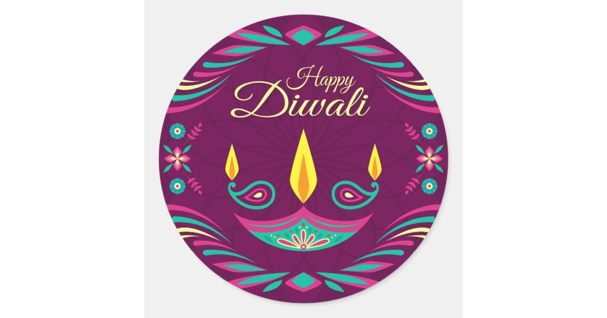 Happy Diwali Purple Candle Flat Illustration Classic Round Sticker Zazzle Com