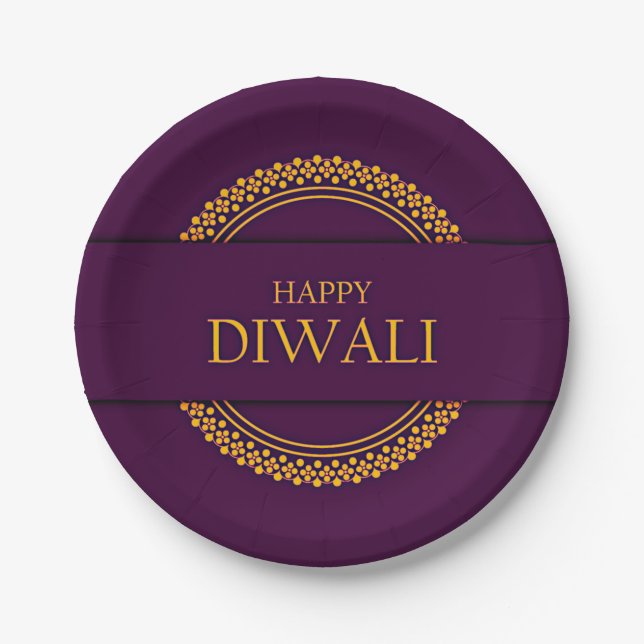 Happy Diwali Purple Gold Elegant 7" Paper Plates (Front)