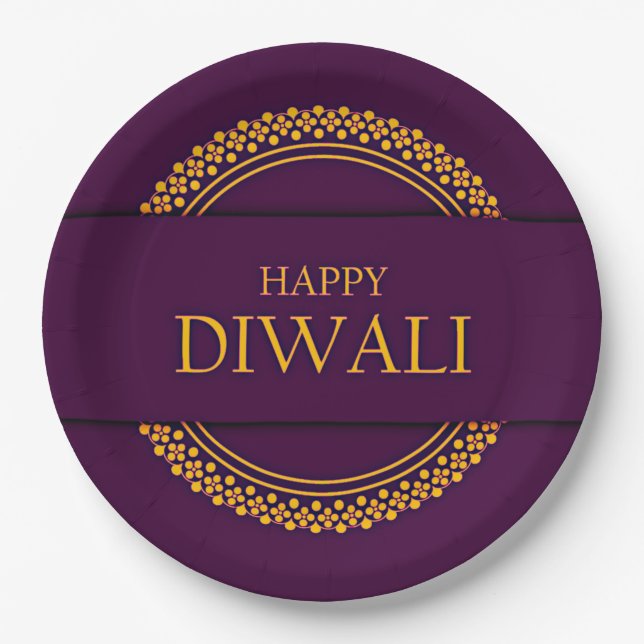 Happy Diwali Purple Gold Elegant 9"  Paper Plates (Front)