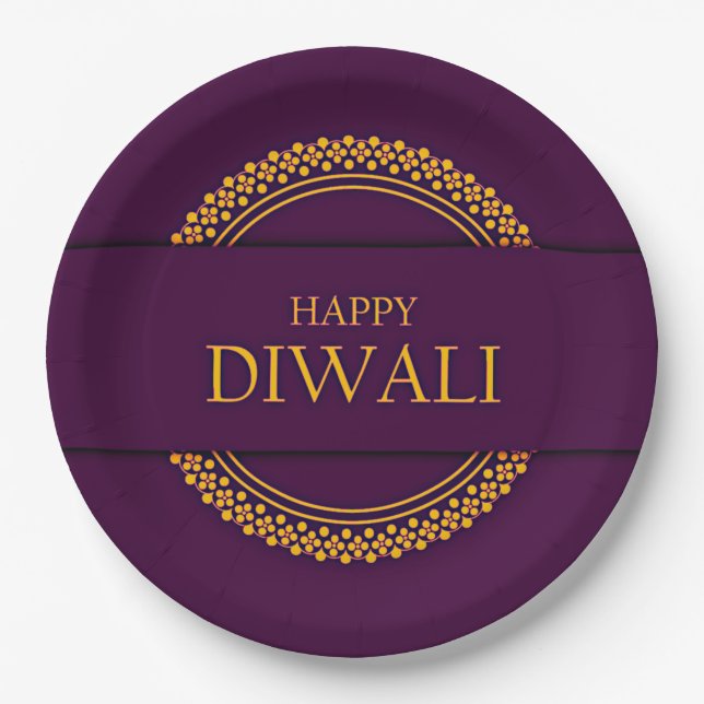 Happy Diwali Purple Gold Elegant 9" Paper Plates (Front)