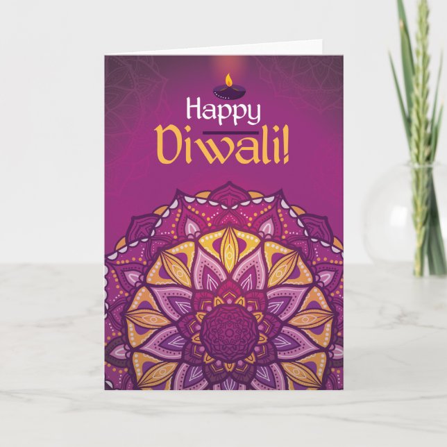 Happy diwali purple ornamental rangoli card (Front)