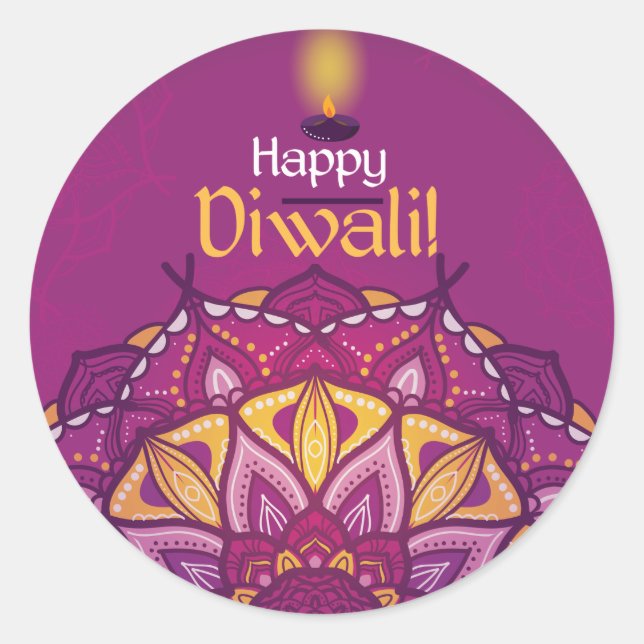 Happy diwali purple ornamental rangoli classic round sticker (Front)