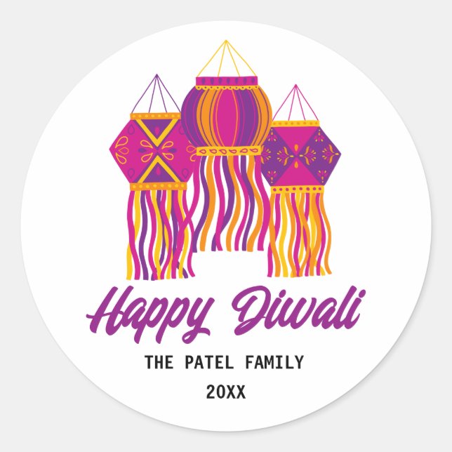 Happy Diwali Purple Pink Yellow Lantern Custom Classic Round Sticker (Front)