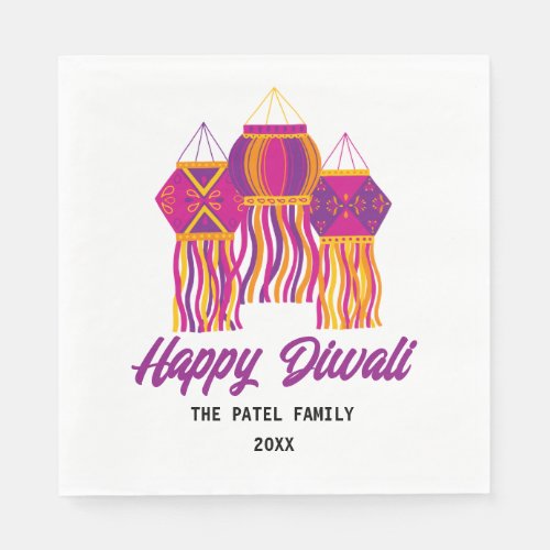 Happy Diwali Purple Pink Yellow Lantern Custom Napkins