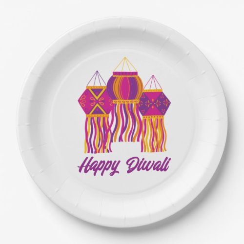 Happy Diwali Purple Pink Yellow Lantern Custom Paper Plates