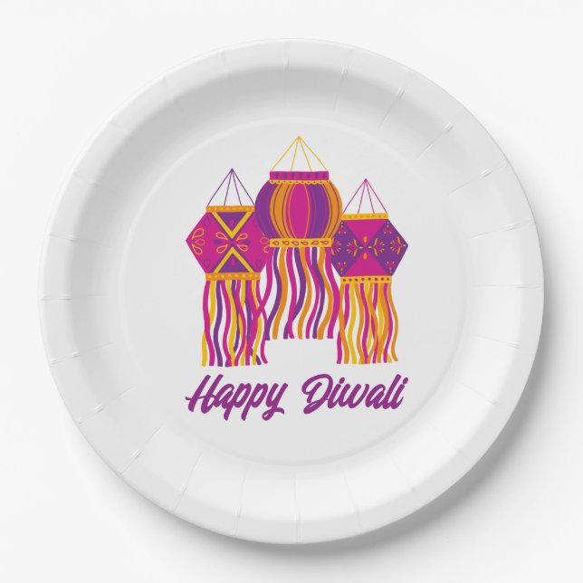 Happy Diwali Purple Pink Yellow Lantern Custom Paper Plates (Front)