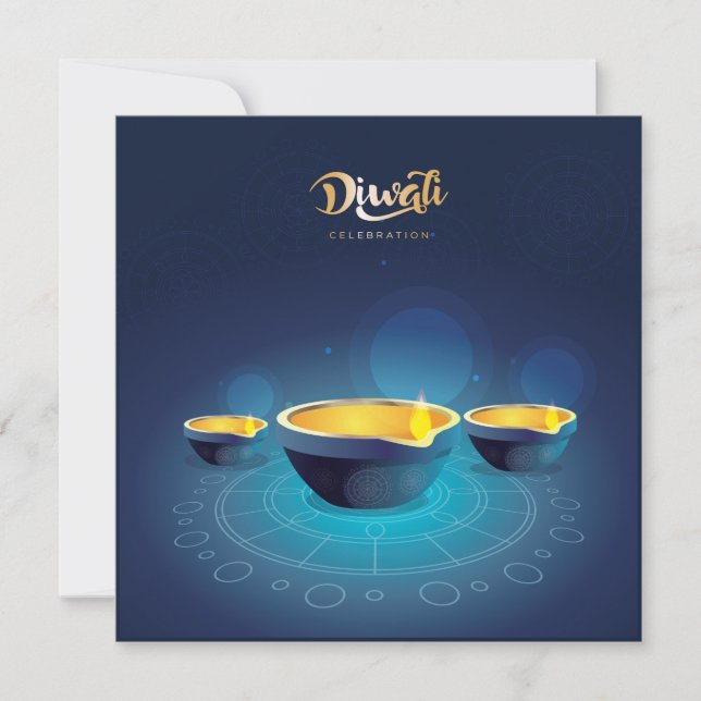Happy Diwali Rangoli Blue Diya Festival of Light Holiday Card (Front)
