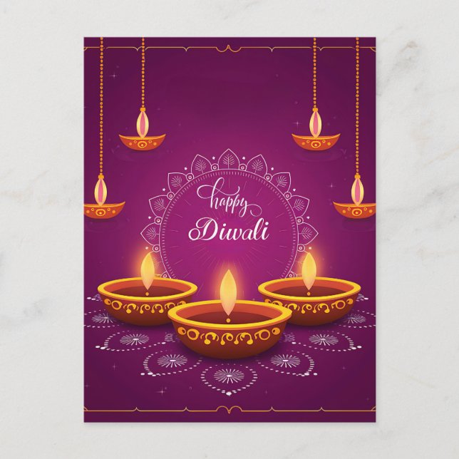 Happy Diwali Rangoli Diya Festival of Light Purple Holiday Postcard (Front)
