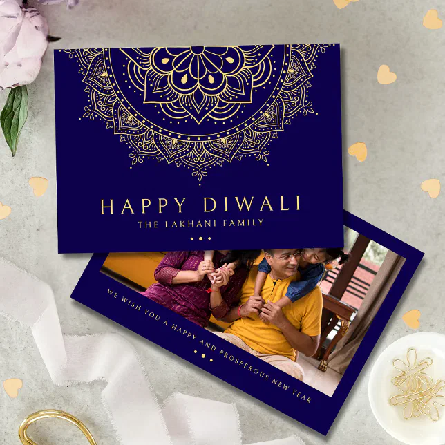 Happy Diwali Rangoli Pattern Dark Blue Holiday Card
