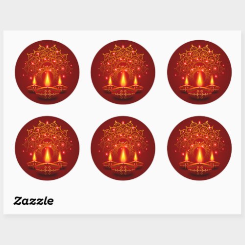 Happy Diwali Red Gold Sparkle Mandala Diya Candles Classic Round Sticker