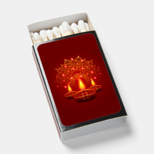 Happy Diwali Red Gold Sparkle Mandala Diya Candles Matchboxes