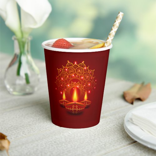 Happy Diwali Red Gold Sparkle Mandala Diya Candles Paper Cups
