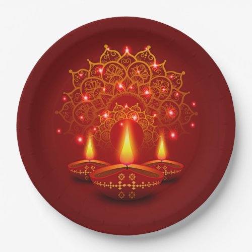 Happy Diwali Red Gold Sparkle Mandala Diya Candles Paper Plates