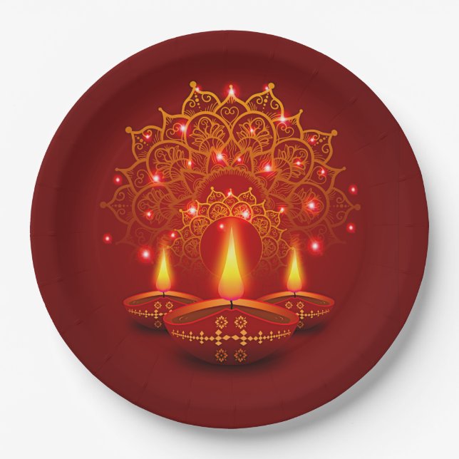 Happy Diwali Red Gold Sparkle Mandala Diya Candles Paper Plates (Front)