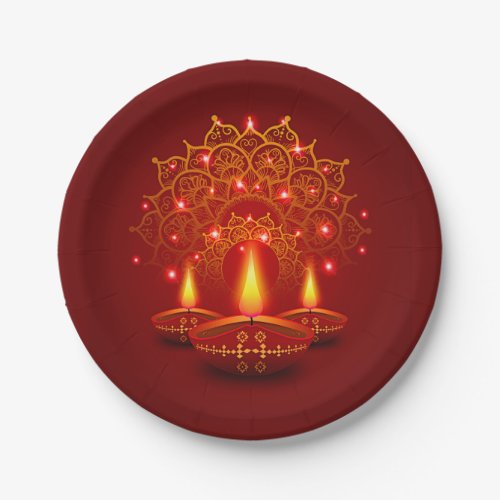 Happy Diwali Red Gold Sparkle Mandala Diya Candles Paper Plates