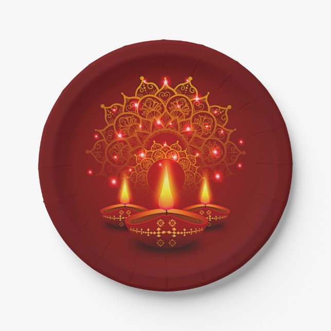 Happy Diwali Red Gold Sparkle Mandala Diya Candles Paper Plates (Front)