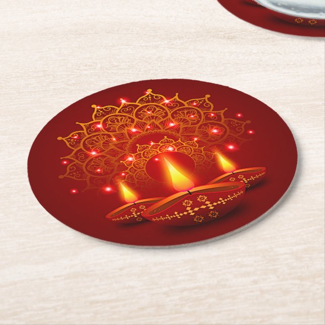 Happy Diwali Red Gold Sparkle Mandala Diya Candles Round Paper Coaster (Angled)