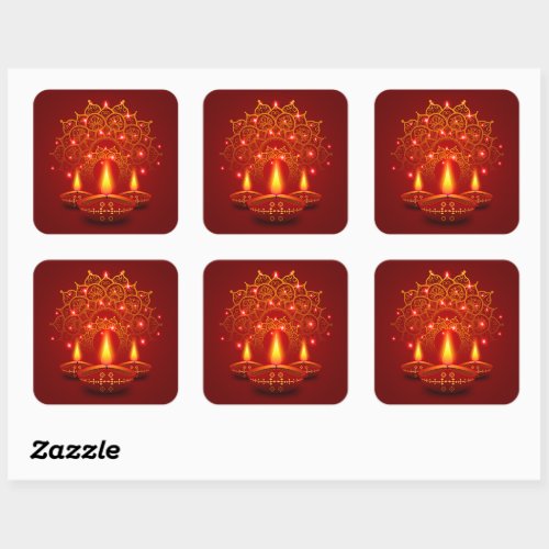 Happy Diwali Red Gold Sparkle Mandala Diya Candles Square Sticker