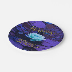 Happy Diwali Typography Purple Floral Lotus Flower Paper Plates