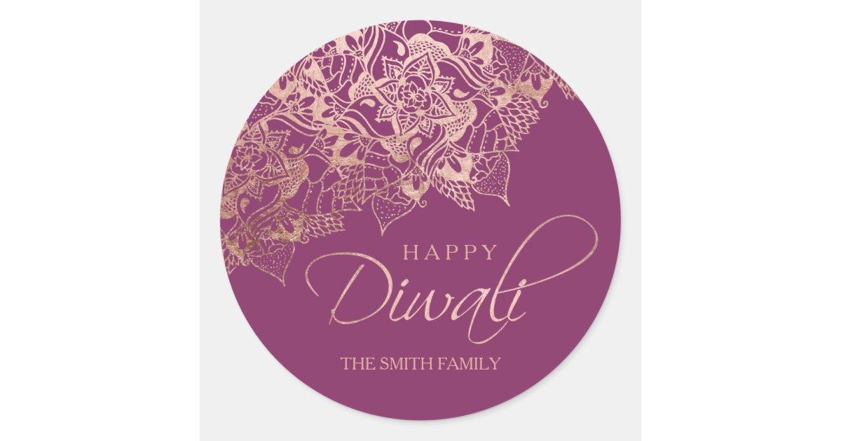 Happy Diwali Typography Rose Gold Mandala Purple Classic Round Sticker Zazzle Com