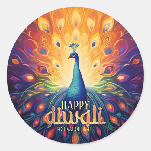 Happy Diwali Vibrant Peacock Festival of Lights  Classic Round Sticker
