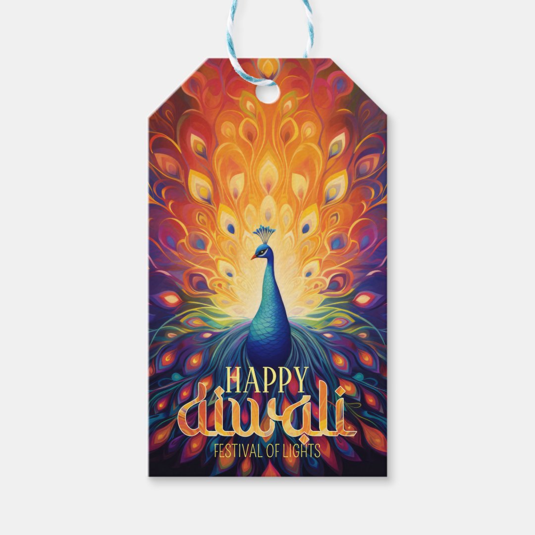 Happy Diwali Vibrant Peacock Festival of Lights Gift Tags