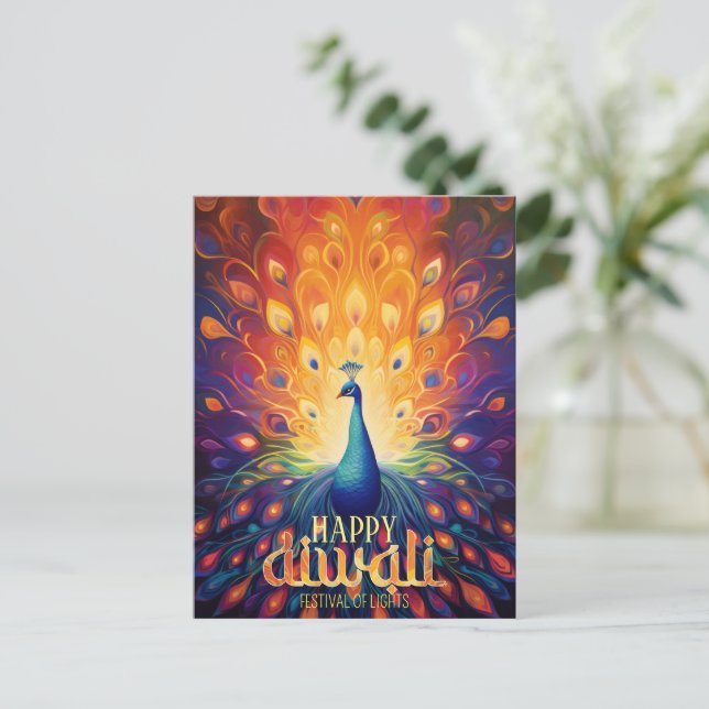 Happy Diwali Vibrant Peacock Festival of Lights  Holiday Postcard (Standing Front)