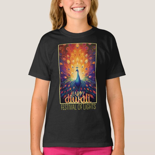 Happy Diwali Vibrant Peacock Festival of Lights  T-Shirt (Front)