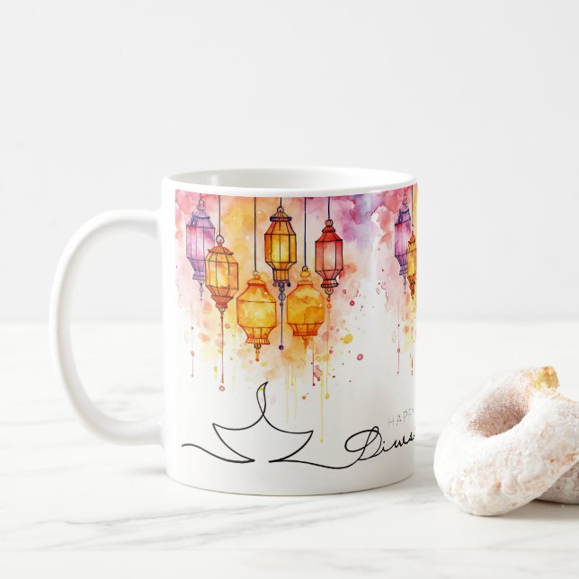 Happy Diwali water colour lamps  Coffee Mug (With Donut)