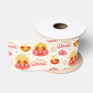 Happy Diwali — Watercolor Diya & Lotus Satin Ribbon