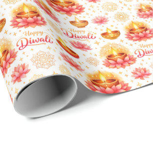 Happy Diwali — Watercolor Diya & Lotus Wrapping Paper