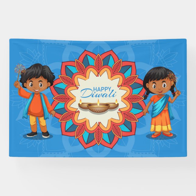 Happy Diwali with Children, Rangoli and Diya Banner (Horizontal)