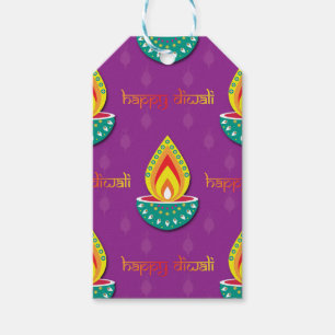 Happy Diwali with Diya lamps on purple Gift Tags