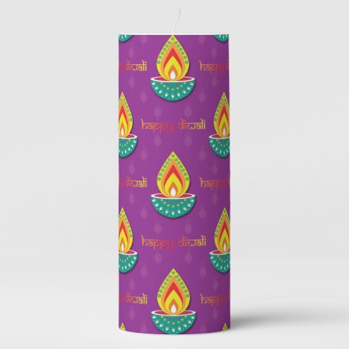 Happy Diwali with Diya lamps on purple Pillar Candle