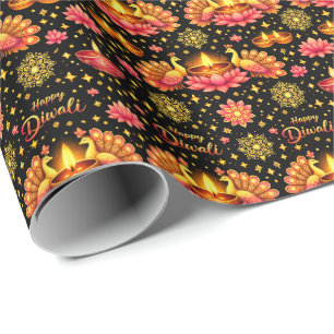 Happy Diwali Wrapping Paper — Lotus, Diya & Peacoc