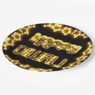 Happy Diwali Yellow Golden Lights Typography Stars Paper Plates